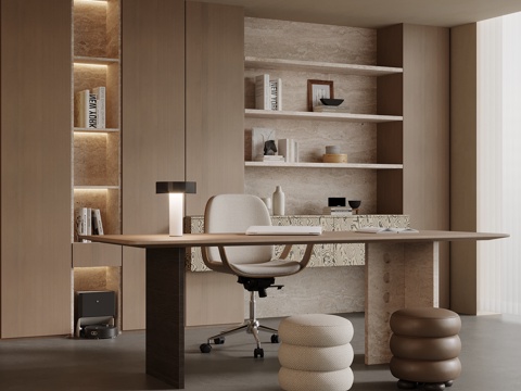 侘寂风书房 书柜 书桌椅 中古风书房su模型