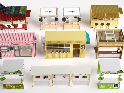 现代外摆摊位 售卖亭 售货摊位 小吃摊su模型