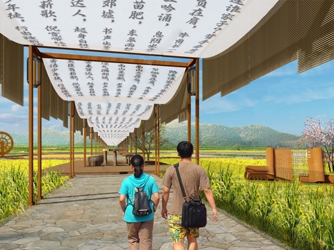  新中式古风长廊 廊架建筑 染布飘带su模型 