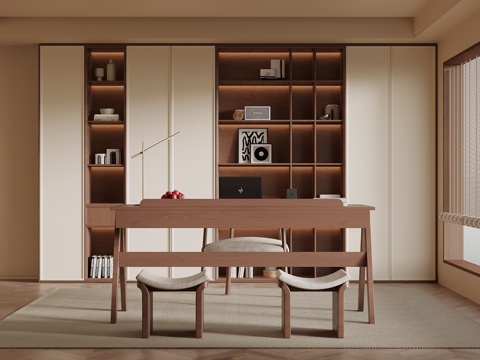 中古风书房 书桌椅 书柜su模型