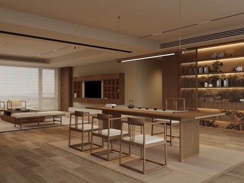 新中式家居客厅 沙发茶几组合 电视背景墙 茶室3d模型