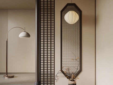 新中式玄关 隔断 落地灯su模型