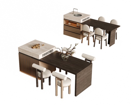 中古风岛台 餐桌椅su模型