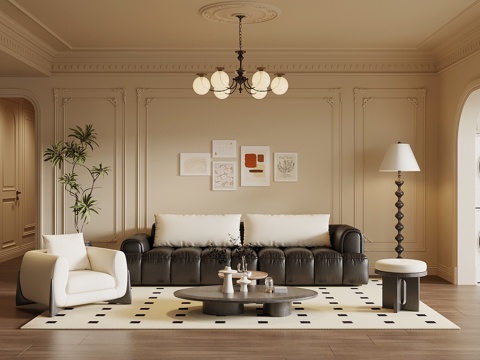 法式客厅 沙发茶几组合 背景墙su模型