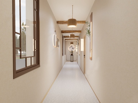 新中式酒店玄关过道 酒店走廊su模型