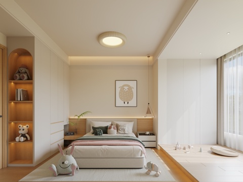  现代儿童房 奶油风儿童房 原木儿童房 原木风女儿房  奶油原3d模型 