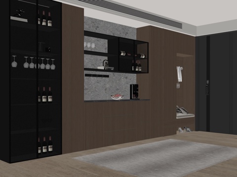  现代意式鞋柜酒柜一体柜 玻璃酒柜 半开放式鞋柜酒柜su模型 