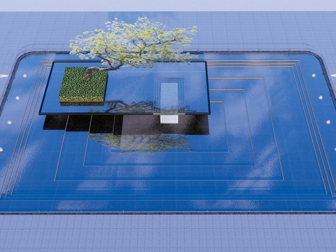  现代景观水景 天井庭院水景 方形水景su模型 