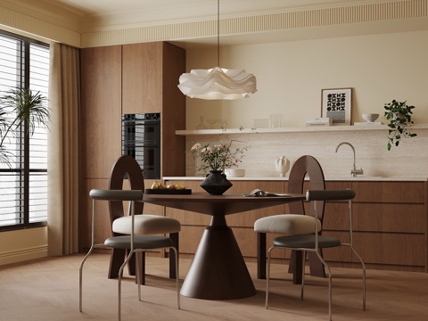 中古风餐厅 餐边柜 橱柜 餐桌椅 圆桌su模型