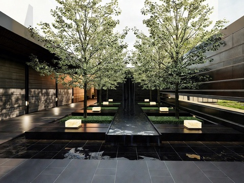  现代小区景观 庭院景观 水景 景观跌水su模型 