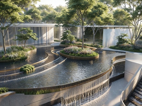  现代小区景观 曲线水景 入口廊架 跌水景观 庭院景观su模型 