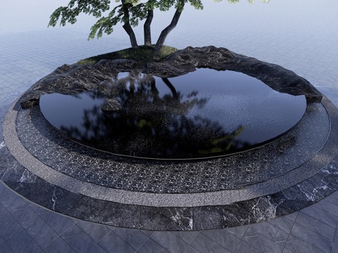  现代水景 现代主入口水景 现代圆形水景su模型 