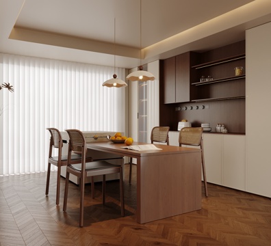 中古风餐厅 餐桌椅 岛台 酒柜su模型