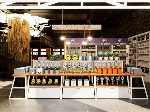 现代艺术感买手店 设计商店 螺旋楼梯 特色货架 丰富摆件 小su模型