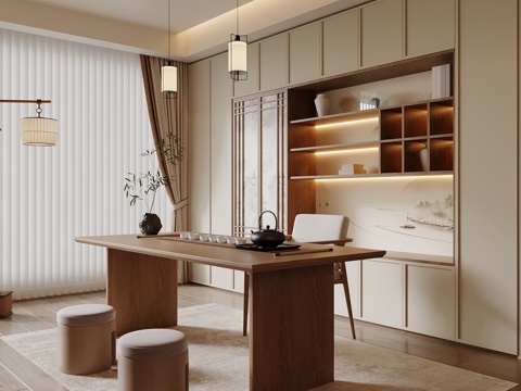 新中式书房 书桌椅 书柜 宋氏书房 茶室su模型