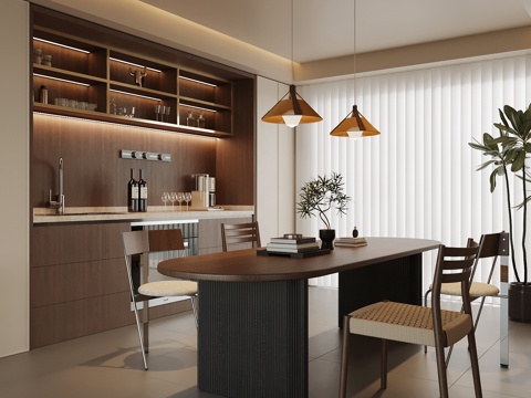 中古风餐厅 橱柜 餐边柜 餐桌椅su模型