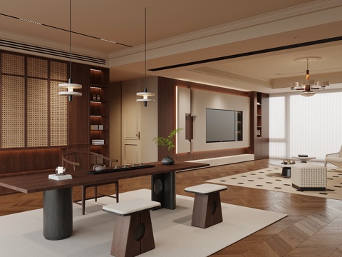 中古风家居客厅 茶室 沙发茶几组合 电视背景墙su模型