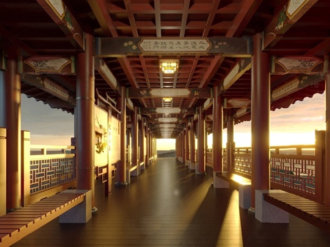  新中式古风长廊 廊架建筑 古建建筑su模型 