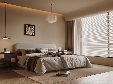  中古风卧室 双人床 床头柜3d模型 