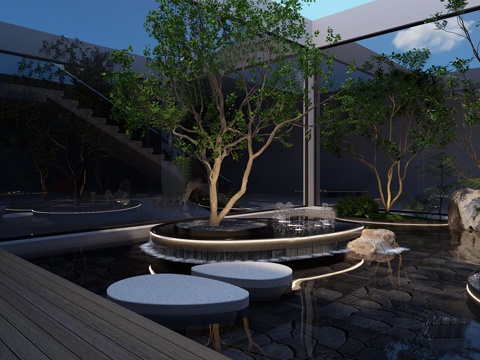  现代镜面水景 庭院景观小品su模型 