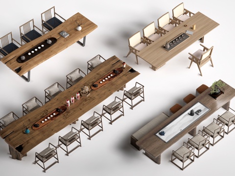 新中式茶台 茶桌椅su模型