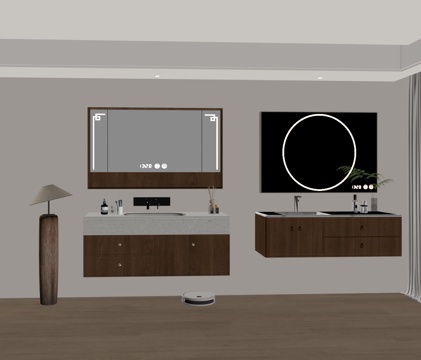  新中式浴室柜 镜柜 木饰面浴室柜 台盆柜 成品浴室柜su模型 