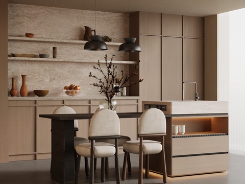 中古风餐厅 餐桌椅 岛台 酒柜 侘寂风餐厅su模型