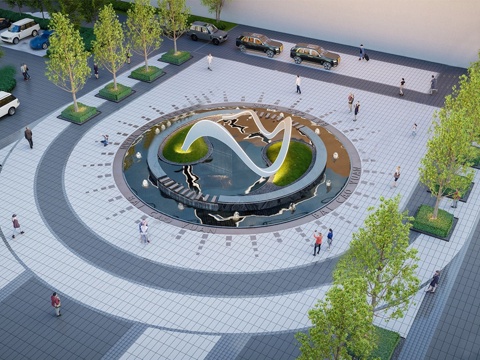  现代简约水景 喷泉雕塑 跌水叠水 镜面水景雕塑su模型 