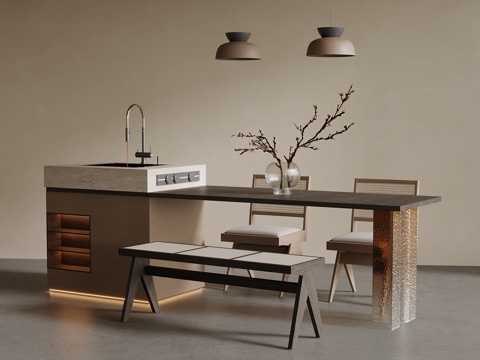 中古风岛台 餐桌椅su模型