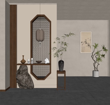  新中式中古隔断 新中式玄关隔断 屏风 端景柜su模型 