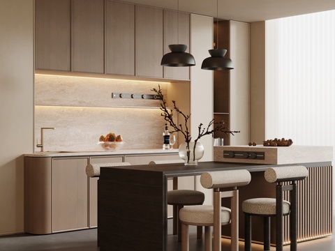 中古风餐厅 餐桌椅 岛台 酒柜 侘寂风餐厅su模型