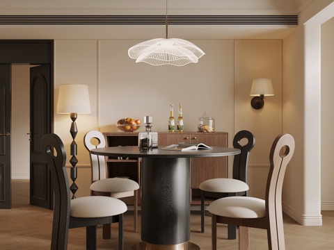 法式复古风餐厅 餐桌椅组合 吊灯 餐边柜su模型