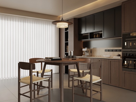 中古风餐厅 实木圆餐桌椅 餐边柜su模型