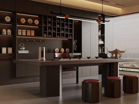 新中式茶室 茶桌椅 茶柜su模型