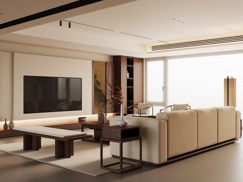 新中式客厅 沙发茶几组合 电视背景墙su模型