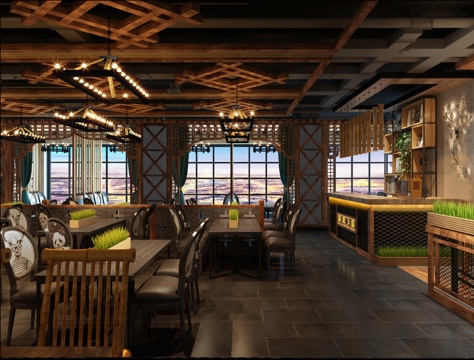  工业风清真串串火锅店3d模型 