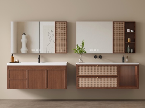 中古风浴室柜 藤编洗手台 洗漱台3d模型