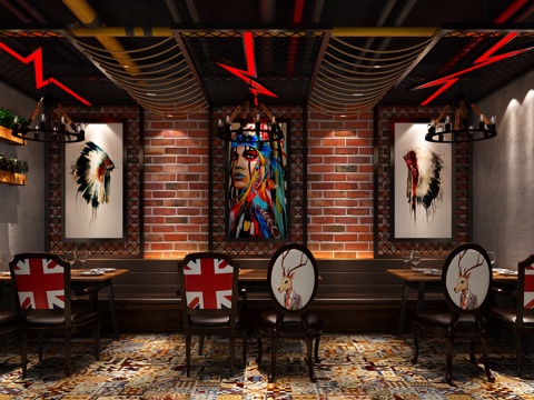  工业餐厅 卡座 烧烤店 烤肉店 美式椅子 卡台 复古吊灯3d模型 