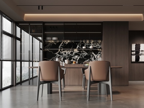 现代意式餐厅 餐桌椅 酒柜 餐边柜su模型