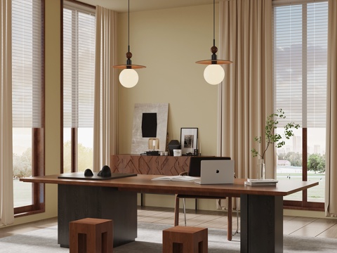 中古风开放式书房 书桌椅 边柜su模型