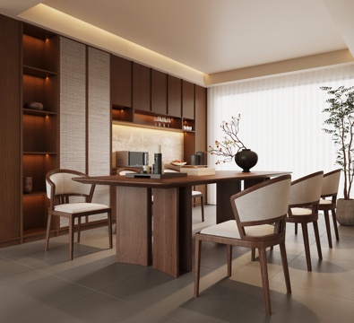 新中式餐厅 餐桌椅 餐边柜 酒柜su模型