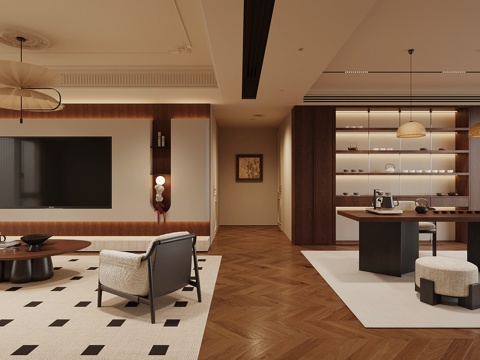 中古风客厅 茶室 沙发茶几 电视背景墙 茶柜su模型