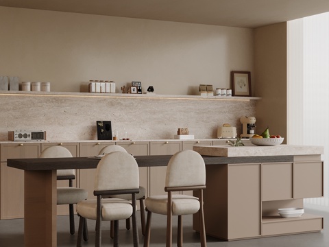 侘寂风餐厅 餐桌椅 岛台 餐边柜 中古风餐厅su模型