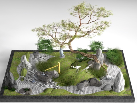 新中式庭院景观 枯山水 庭园造景 庭院石头su模型