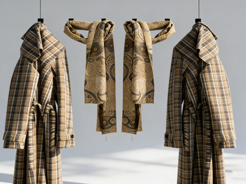 英伦风千鸟格长款风衣 大衣 装饰道具 服装配饰 复古围巾su模型