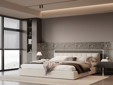 现代意式卧室 双人床 背景墙su模型