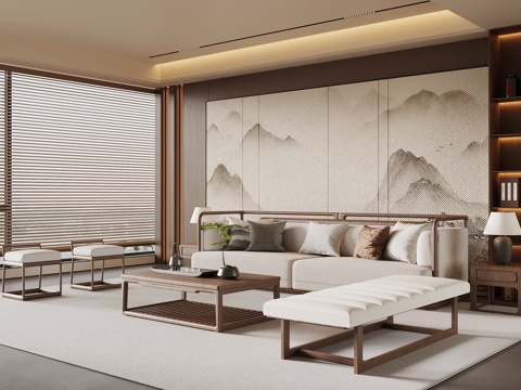 新中式客厅 沙发茶几组合 沙发背景墙su模型