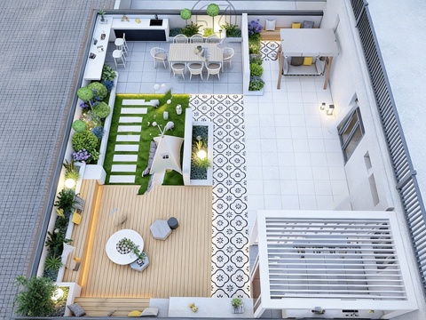  现代屋顶花园 庭院景观 阳台花园su模型 