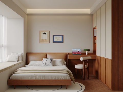 中古风卧室 次卧 双人床 衣柜su模型