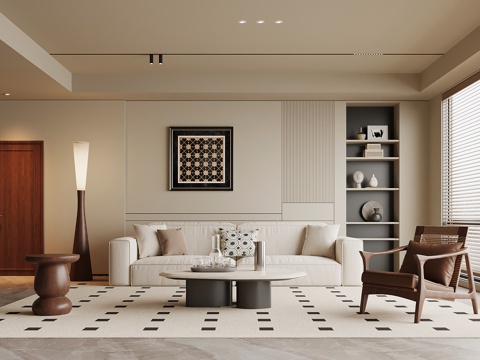 现代中古风客厅 背景墙 沙发茶几组合3d模型